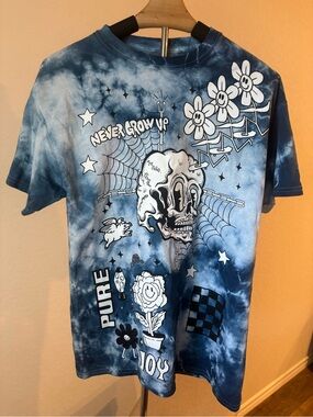A.LAB Never Grow Up Blue Tie Dye Graphic T Shirt Streetwear Tee Size M